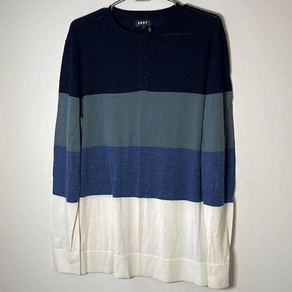 EUC Men's DKNY Striped Blue White Wool Blend Henley 3-Button Sweater L
